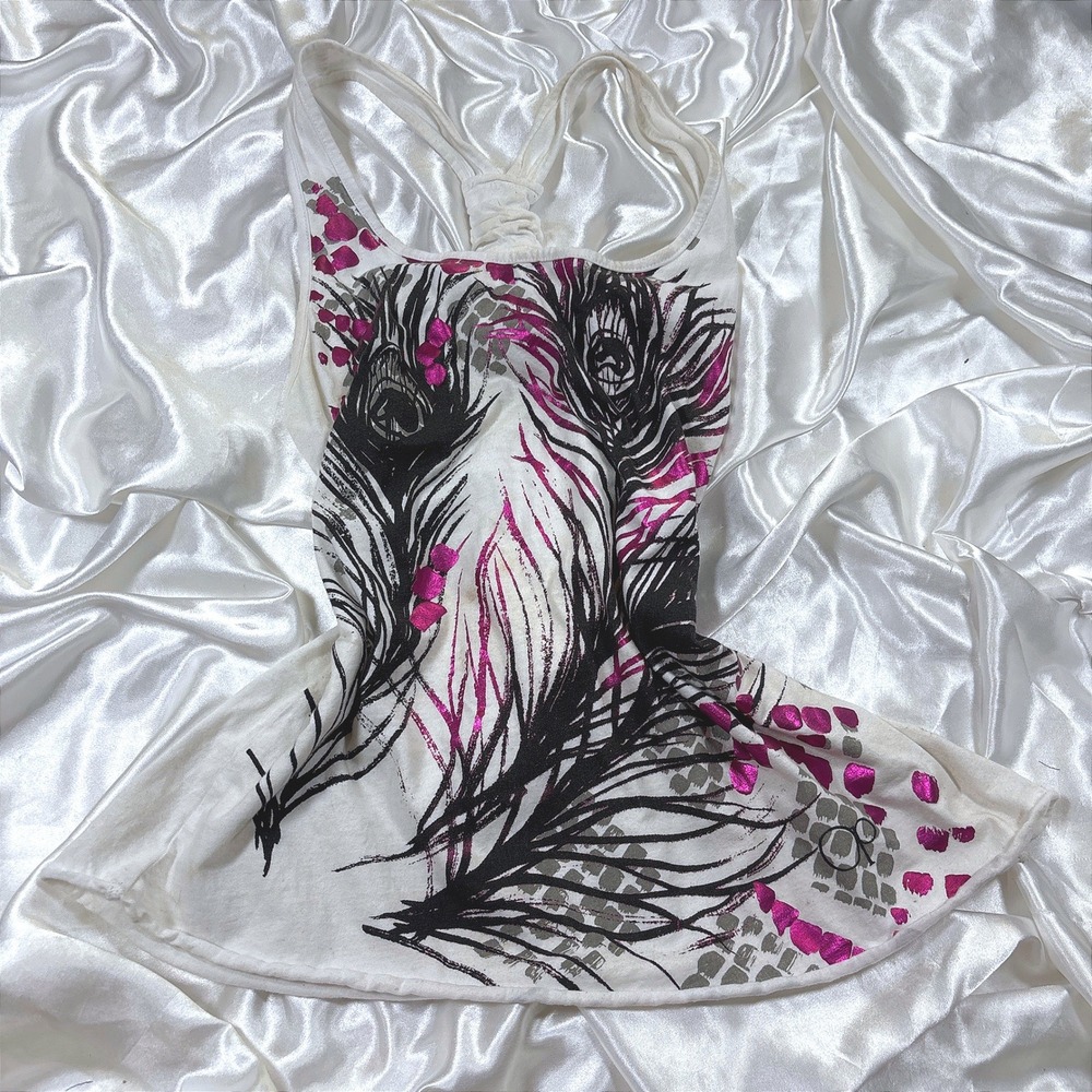 y2k Tank Top White Excellent OP Peacock Feather Metallic Pink Foil Knotted Back